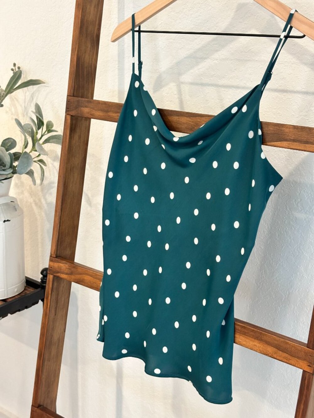 LOFT Teal Polka Dot Cowl Neck Cami Tank Medium Silky Adjustable Strap - Picture 8 of 9